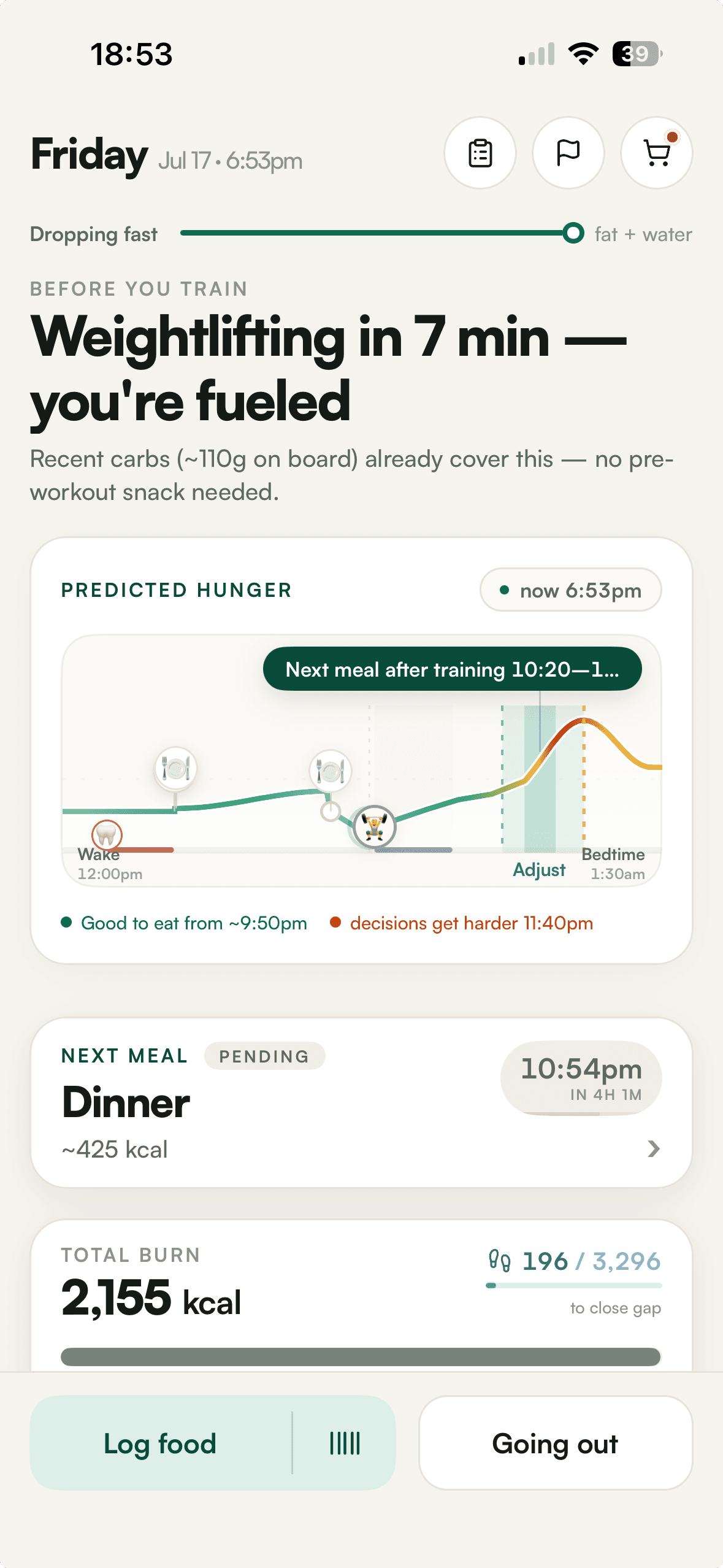 The Knoomi app: a predicted-hunger graph for the day, with the next meal, training readiness, and the day's burn.